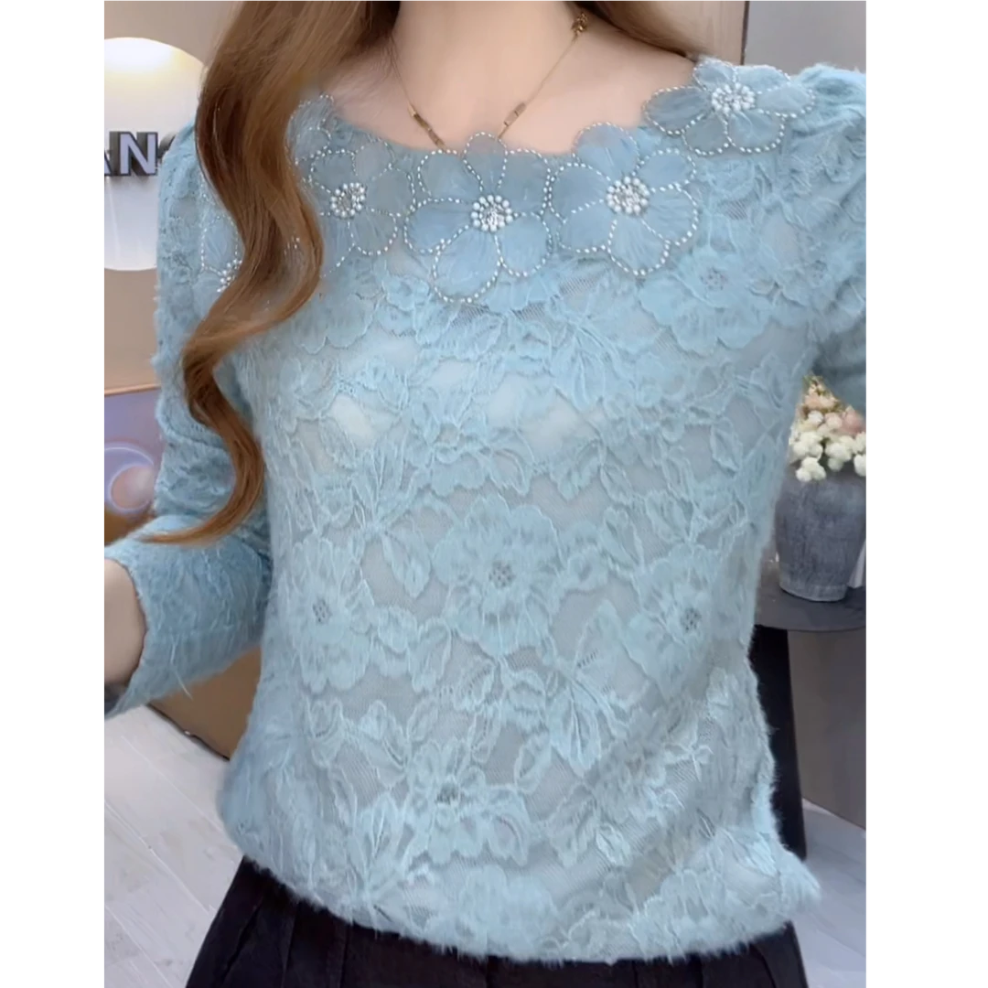 洋气磨毛蕾丝长袖打底衫女冬季2025新款百搭时尚修身保暖减龄上衣