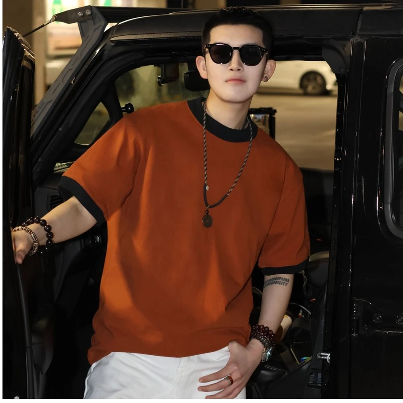 T恤320g重磅时尚百搭休闲宽松拼色圆领短袖夏季