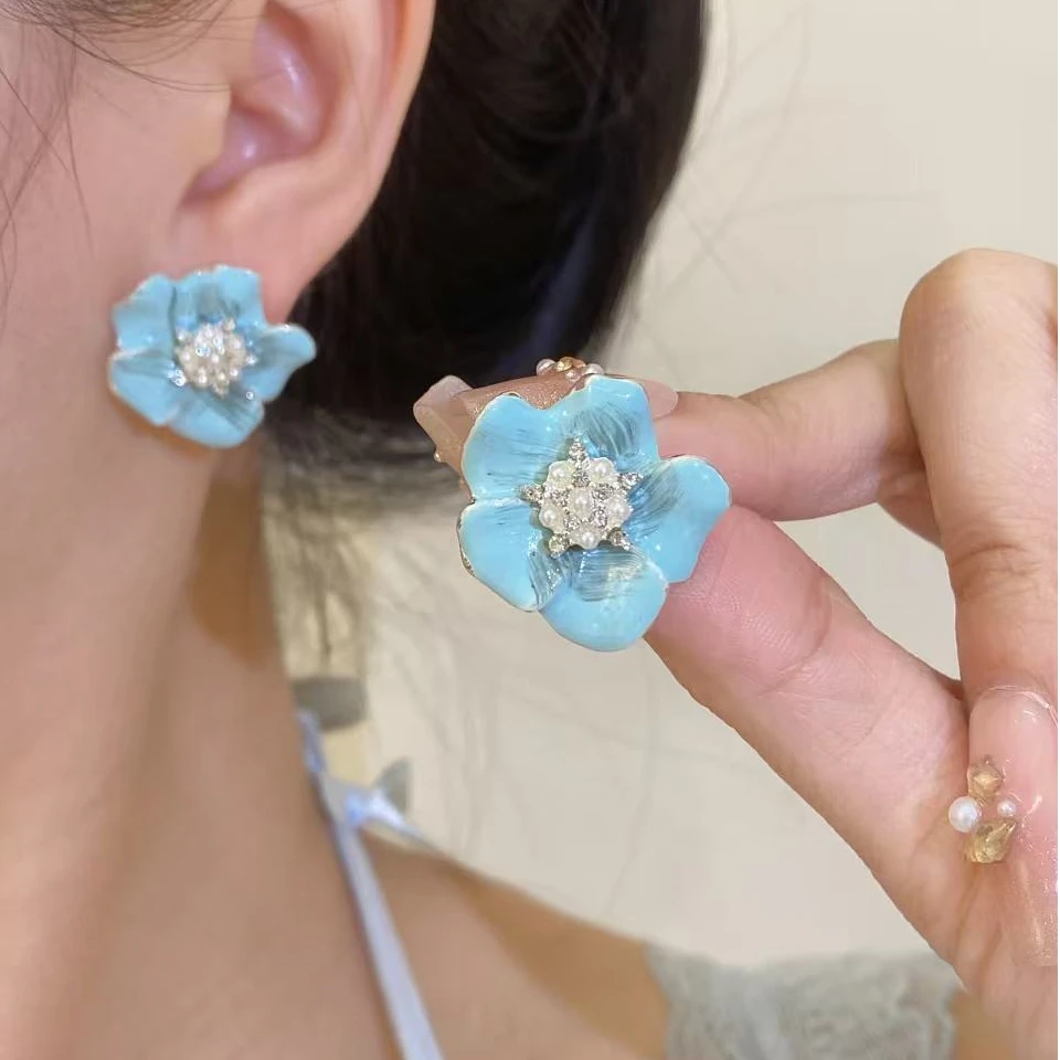 铜合金耳饰 EH04蓝色彼岸花时尚甜美春夏手工百搭法式气质耳钉