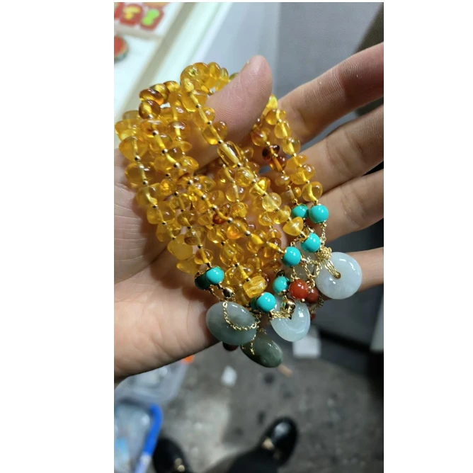 q4（玉姐珠宝）琥珀+翡翠平安扣手串-多样性只发一件