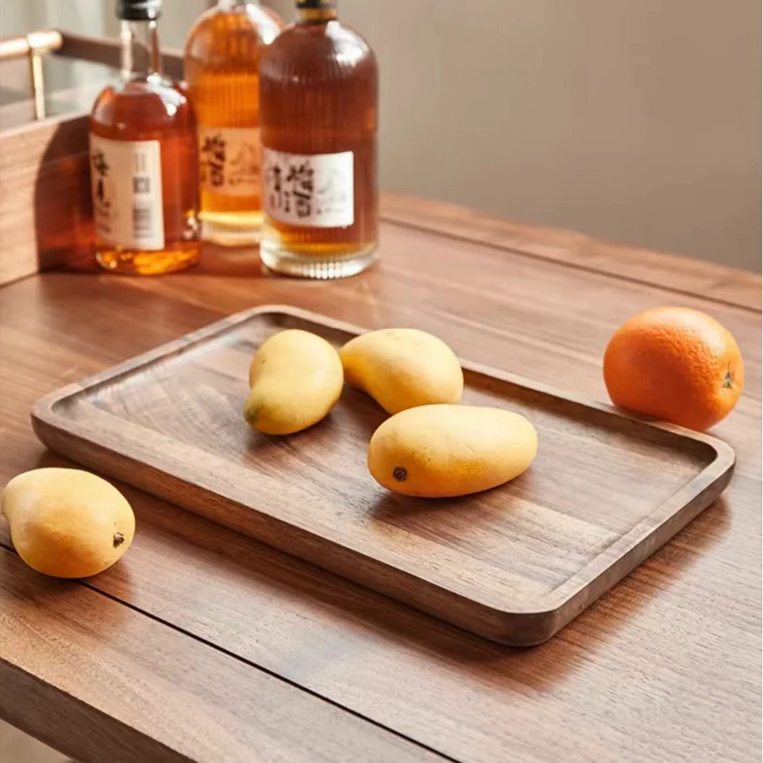 黑胡桃木托盘长方形家用放水杯实木托盘轻奢高档木质茶盘圆形木盘