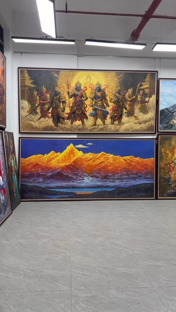 油画渝****链张俊龙原创肌理版画画梅里雪山日照金山客厅会议背景