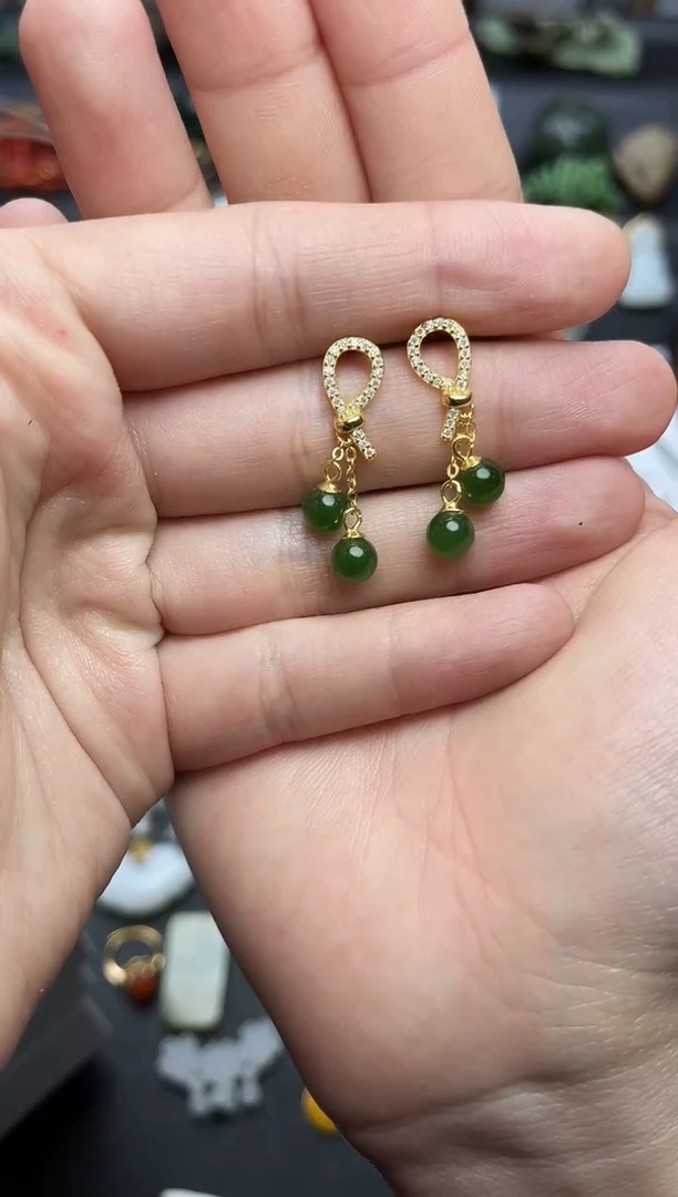 银S925镶嵌和田玉耳饰碧玉耳坠06