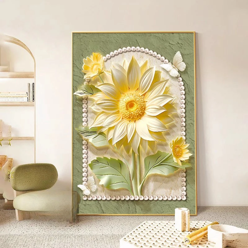奶油高级感向日葵法式玄关背景墙餐厅墙壁客厅背景墙挂画装饰画