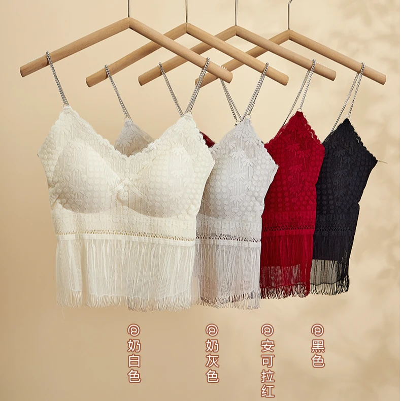 新款法式流苏蕾丝铁链吊带美背性感细肩带舒适透气百搭无痕3318#