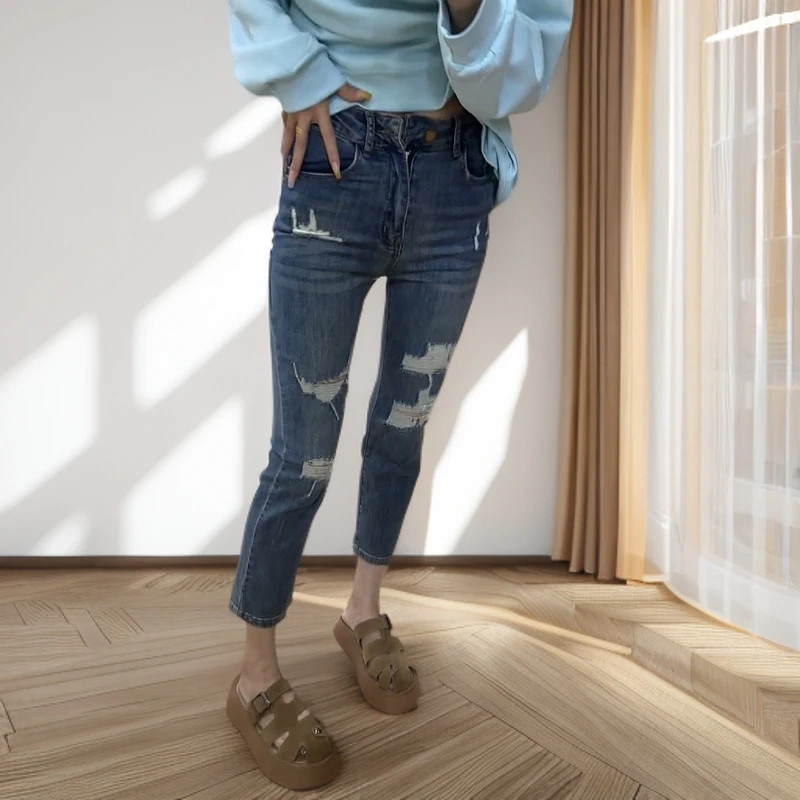 夏季薄款高腰直筒破洞牛仔裤时尚穿搭大码女款小个子八分烟管裤