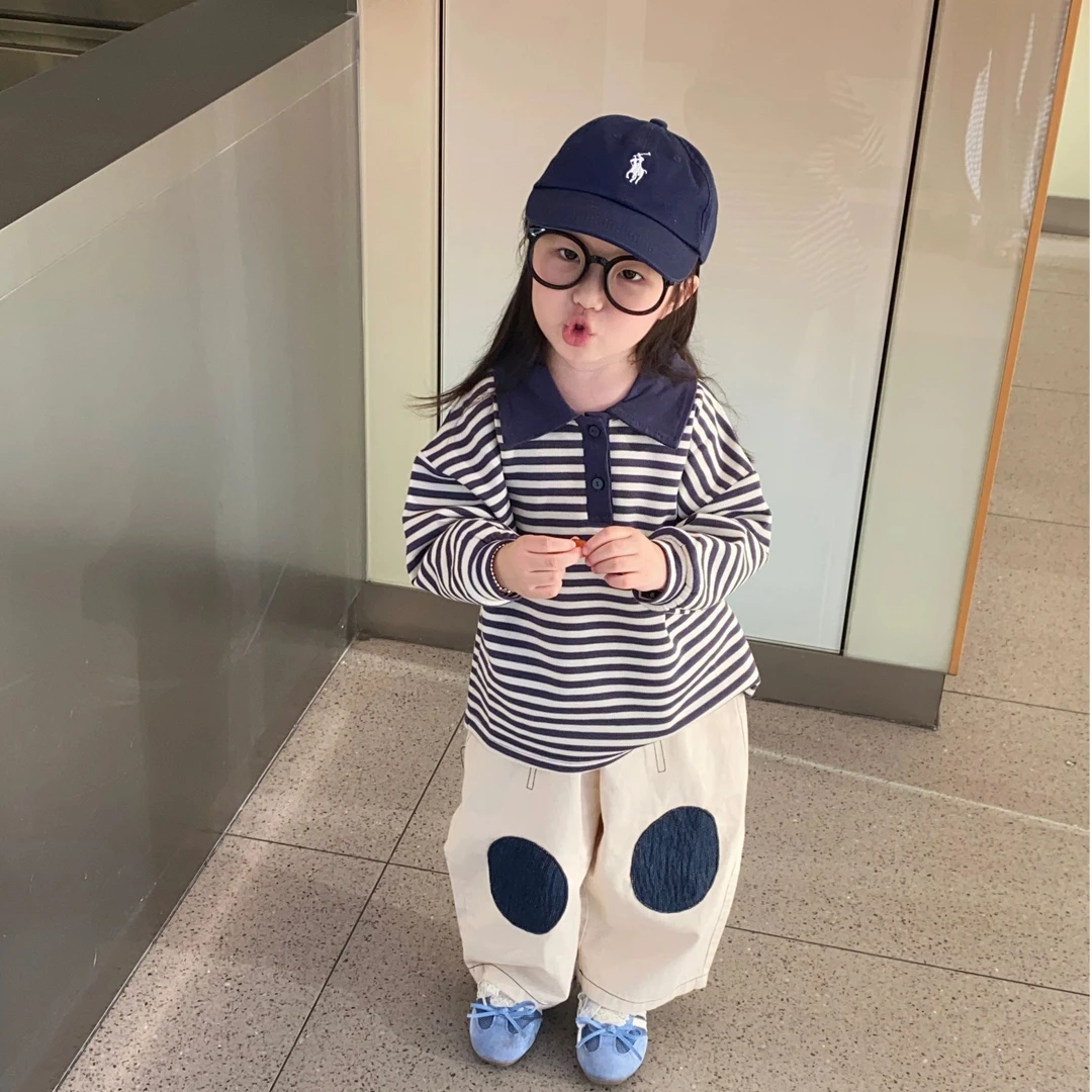 壹妈韩范长袖条纹polo衫上衣女童秋季韩版休闲米色工装裤宝宝套装