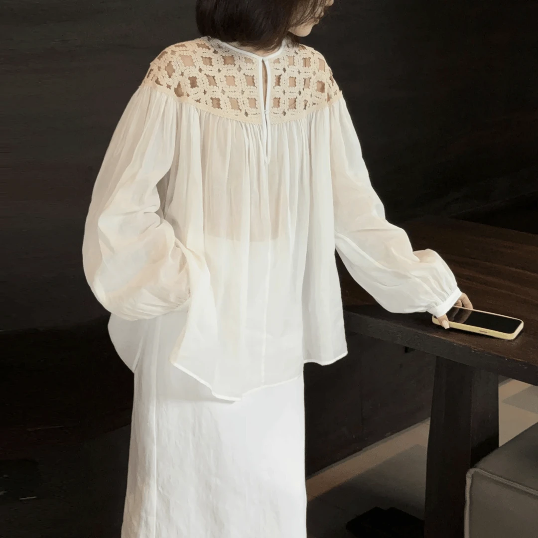 1707二件套女极简慵懒松弛感镂空拼接亚麻衬衫女新款套装宽松衬衣