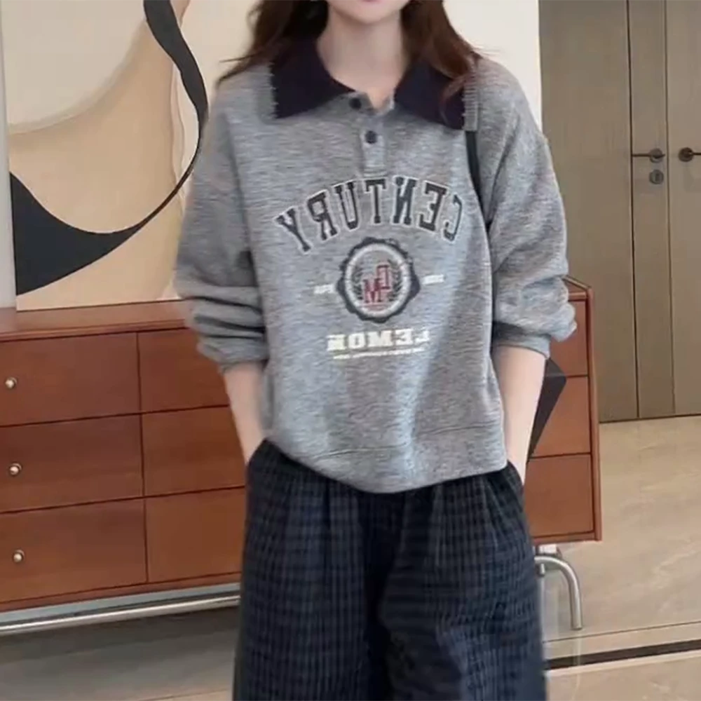 秋季美式复古宽松慵懒风设计感撞色翻领字母卫衣C6081