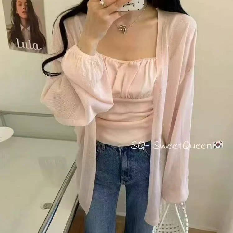 2025夏季新款针织抹胸背心吊带长袖开衫外套时尚两件套套装女防晒