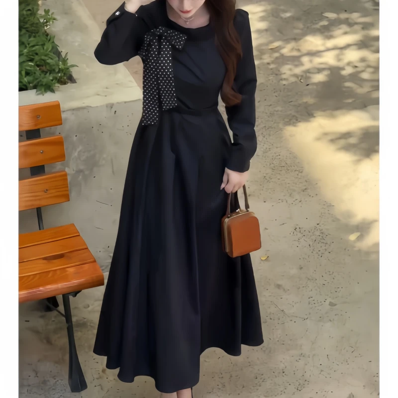 早秋时尚气质大码赫本风甜美蝴蝶结千金连衣裙新款收腰显瘦连衣裙