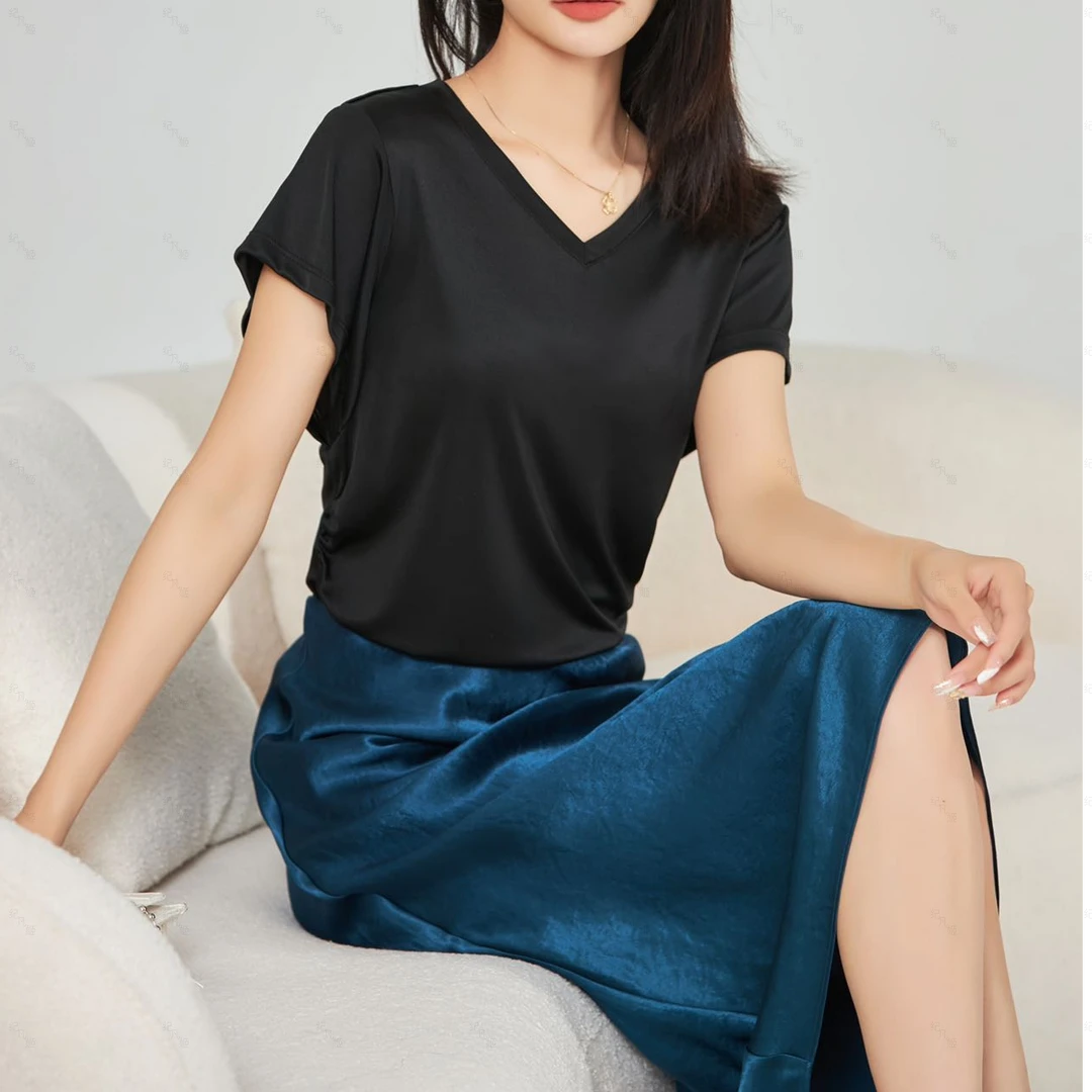 纪凡姬/24-066-设计感褶皱提腰夏季V领气质别致醋酸T恤女