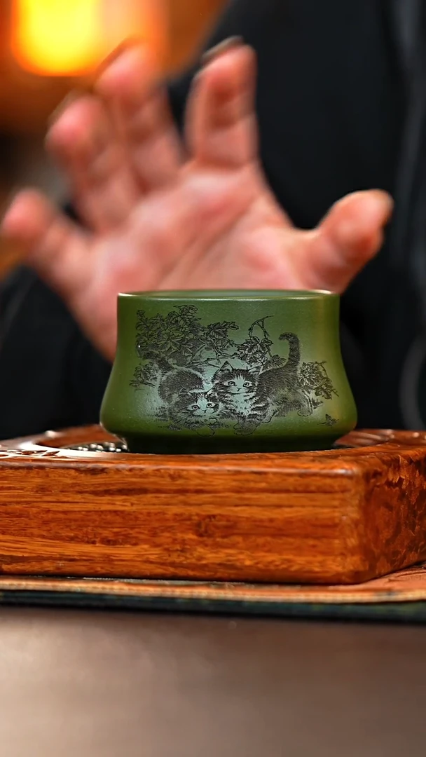 茶杯紫砂绿泥猫咪杯