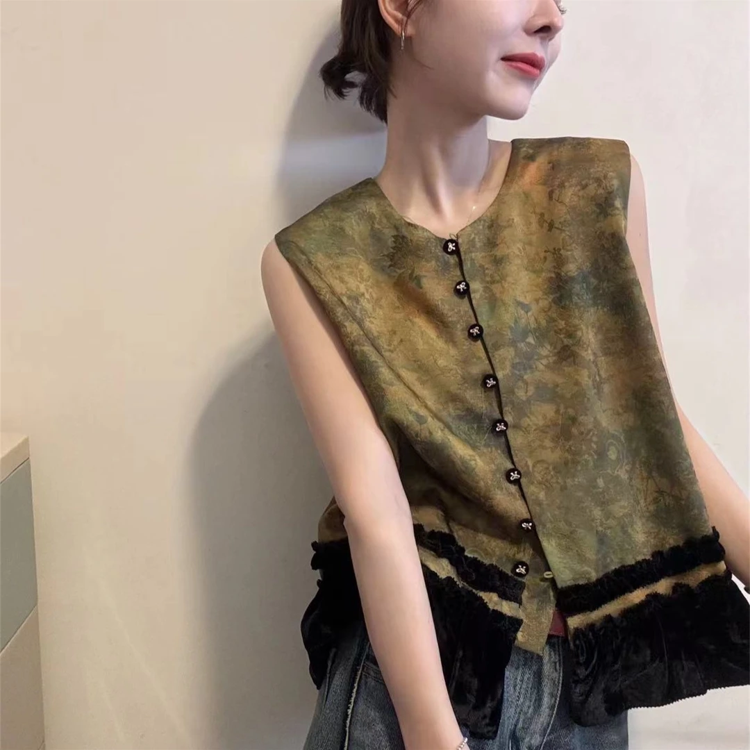 HMY 39039 早秋新款时尚百搭圆领无袖马甲女正品国风刺绣坎肩背心