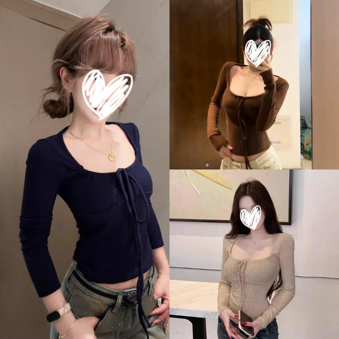 2025年冬季新款韩系穿搭绑带长袖坑条方领显白打底衫修身显瘦上衣