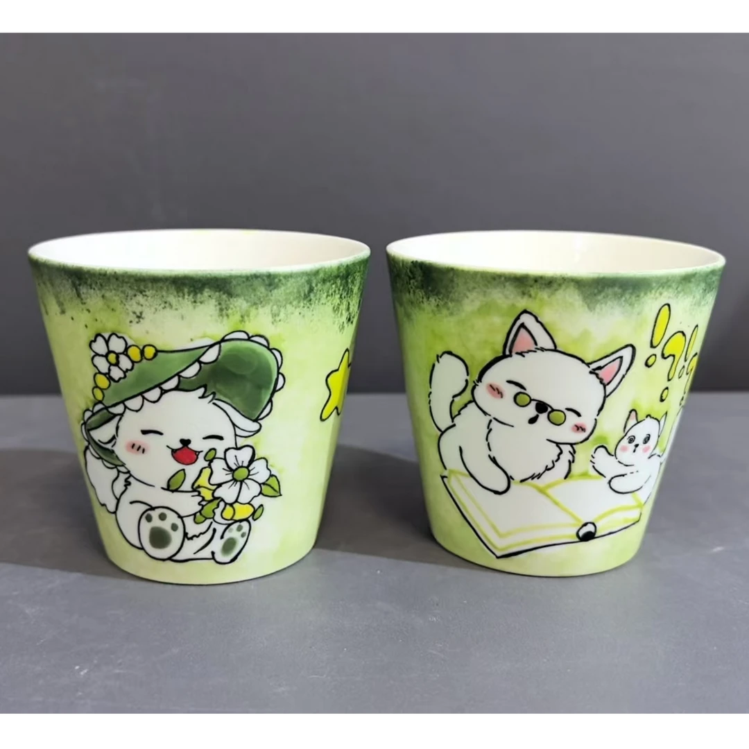 A313森系绿色卡通碗盘手工手绘创意杯碗