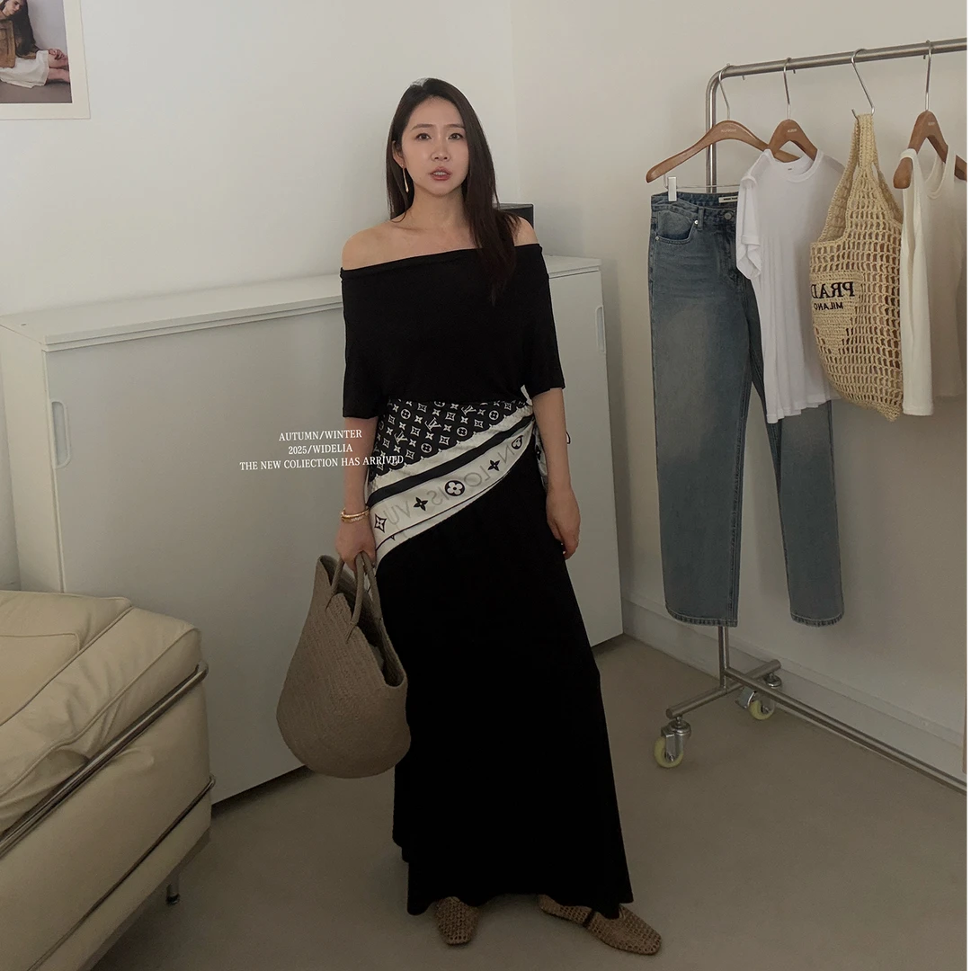 widelia陈姬儿夏季高级感黑色一字肩上衣+长款半身裙两件套装7368