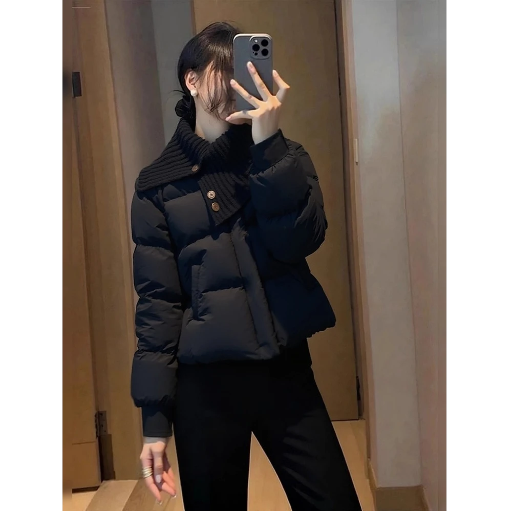 2025冬季新款设计感韩版针织大翻领拼接黑色保暖短款棉服厚外套女