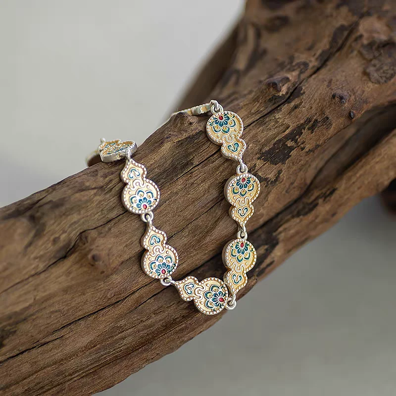 足银珐琅手链 珐琅彩宝相花葫芦手链