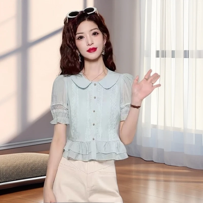 【雅岚女装】时尚洋气显瘦法式蓝色娃娃领短袖衬衫夏季宽松泡泡气质