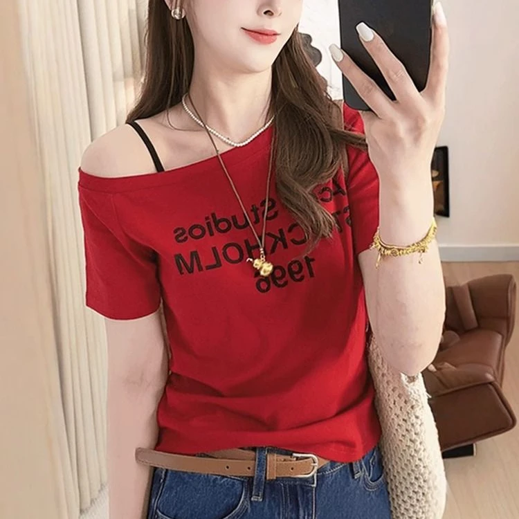 圆领防静电印花短袖性感风小众字母洋气宽松夏装T恤夏季ins修身