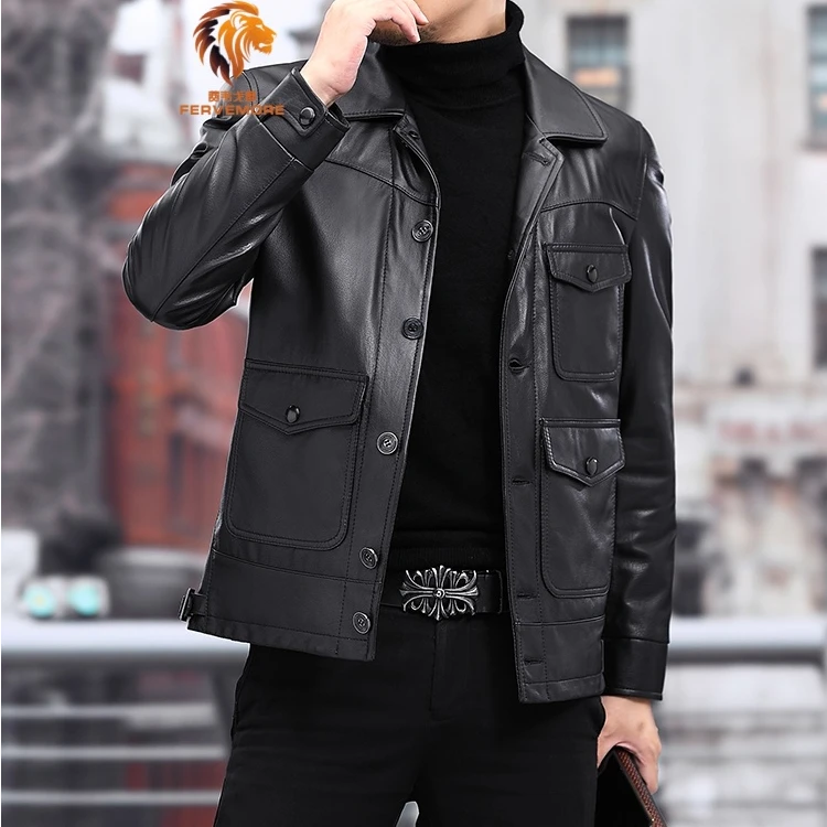 费韦戈摩真皮皮衣男短款头层小牛皮宽松翻领纽扣中年春秋季皮外套