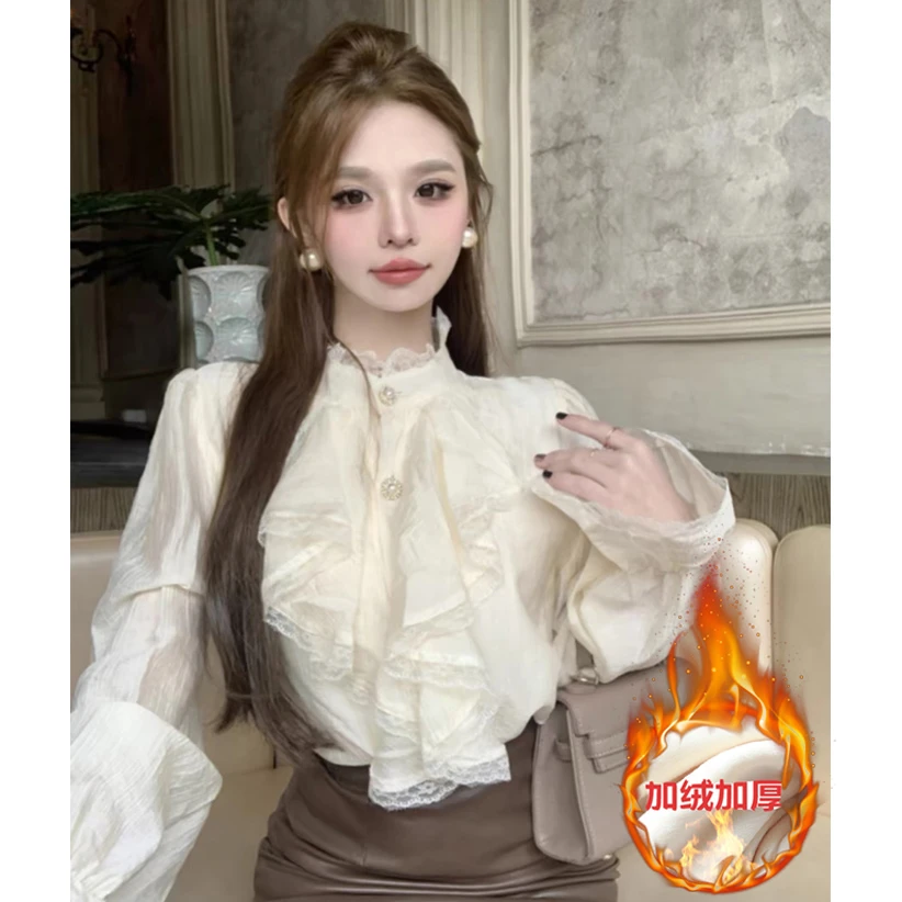 法式宫廷风荷叶边衬衫女新款气质蕾丝拼接小衫长袖开衫上衣
