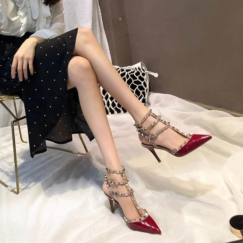 2025年春季尖头铆钉高跟鞋女细跟一字扣带凉鞋女柳丁婚鞋中跟单鞋