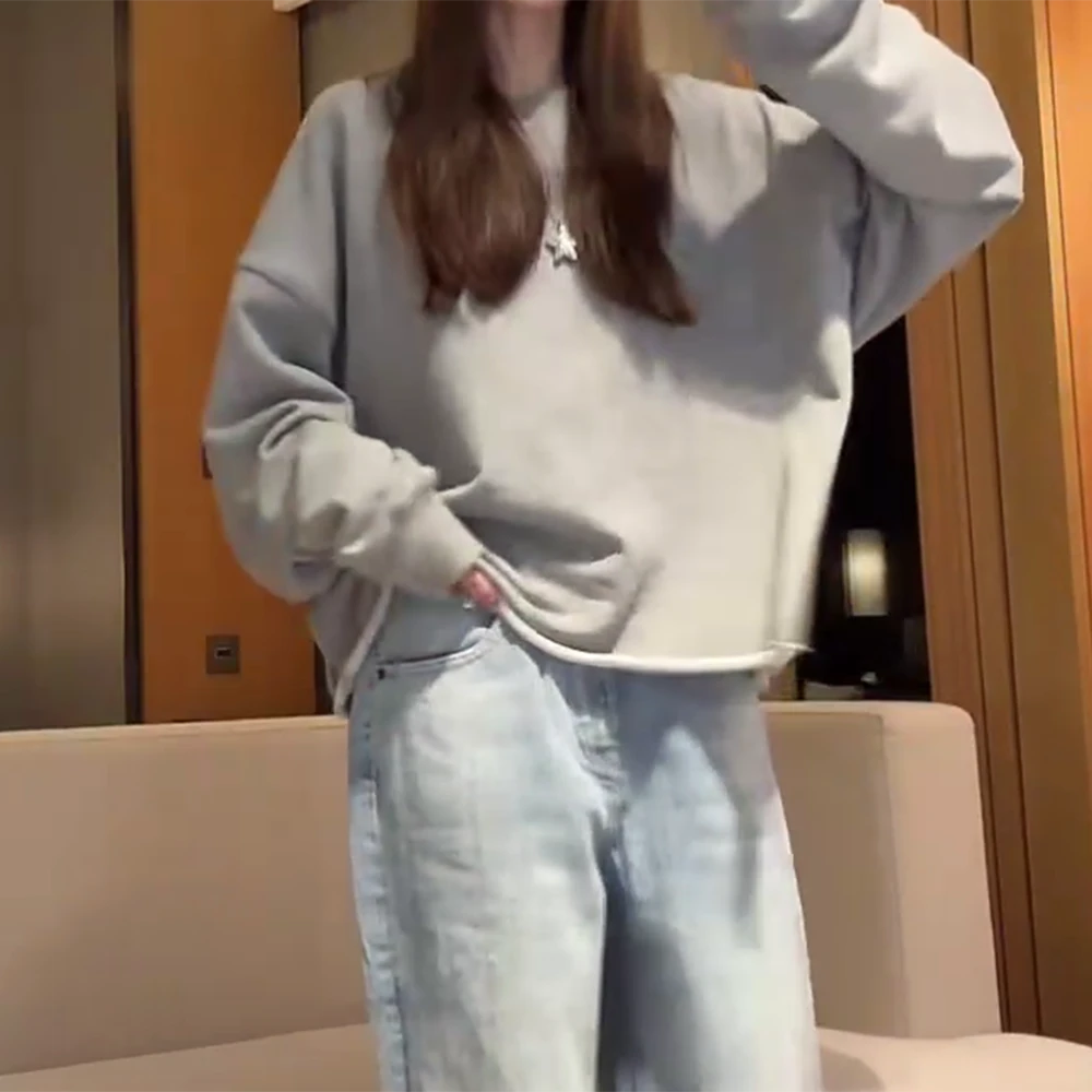 早秋必备基础纯色卷边宽松圆领短款卫衣休闲松弛长袖C5773