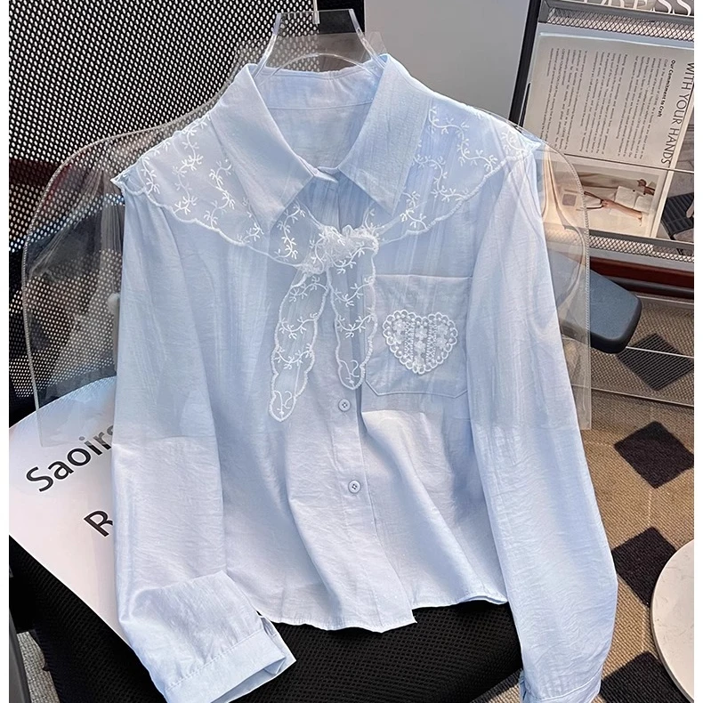 蓝色蕾丝披肩外搭衬衫女新款法式春季漂亮小衫设计感小众上衣衬衣