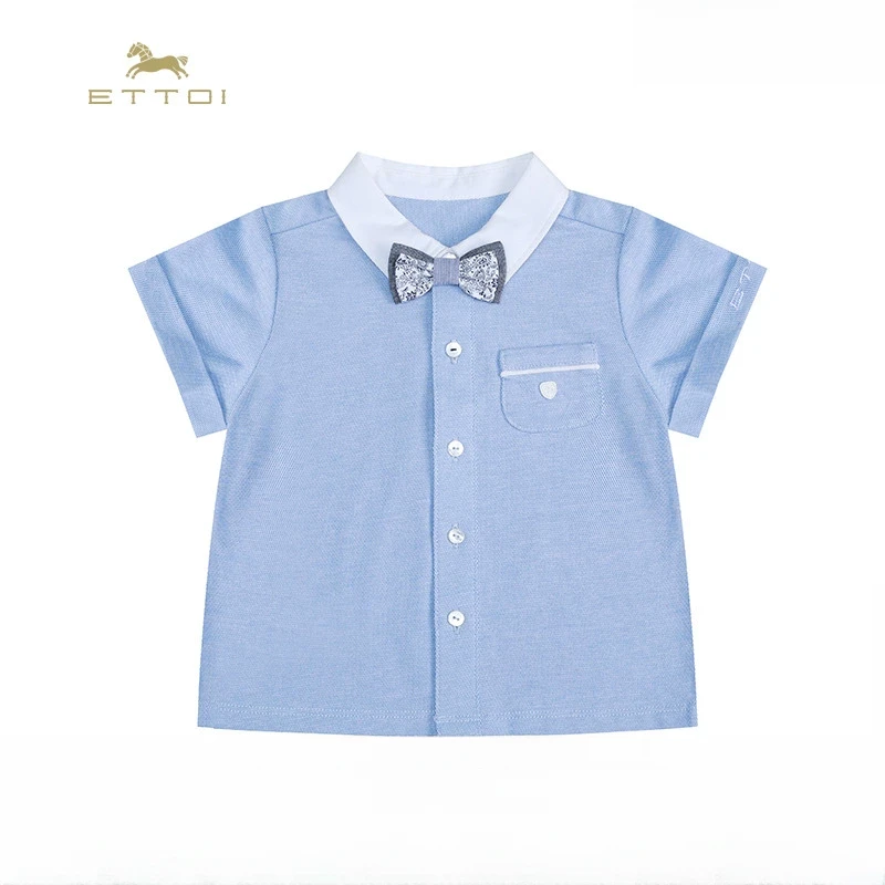 ETTOI爱多娃男童短袖蝴蝶结衬衫夏新款浅蓝色针织休