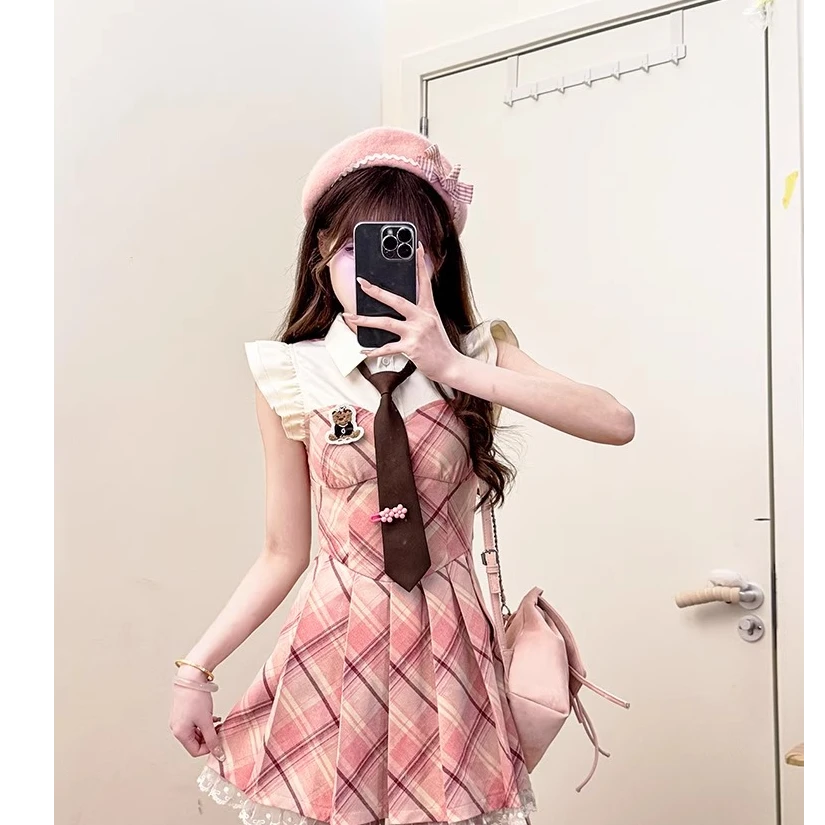 【破价秒发】甜美风粉色格纹连衣裙女小众夏日绝美百褶短裙套装