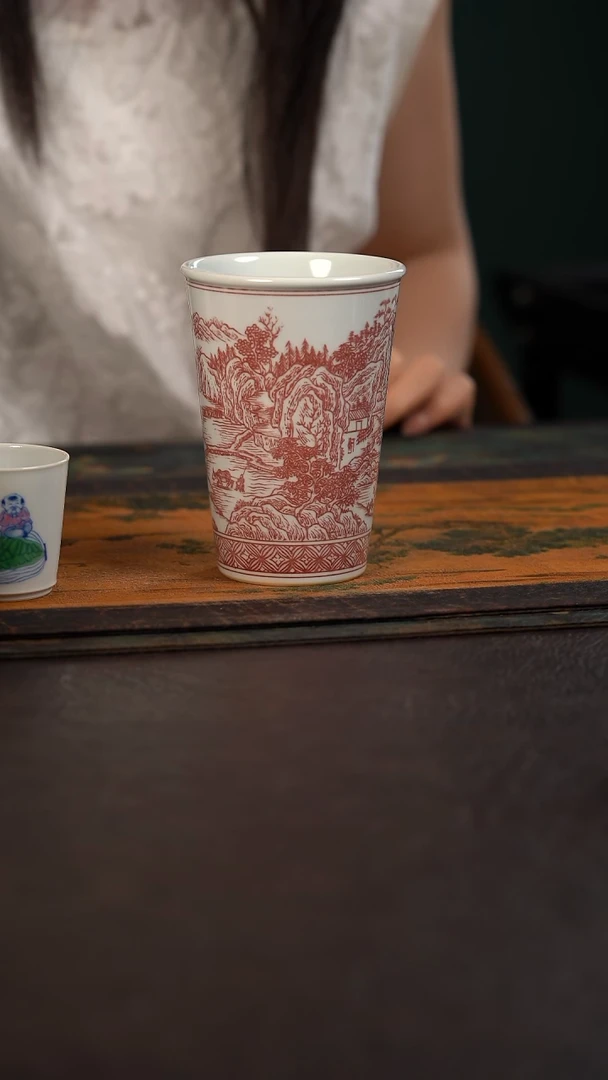 贵红窑釉里红重工山水大可乐杯