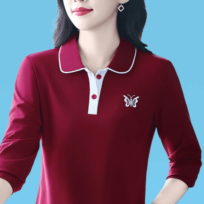 高品质女士秋装上衣中年洋气运动polo衫长袖t恤妈妈装春秋小衫女