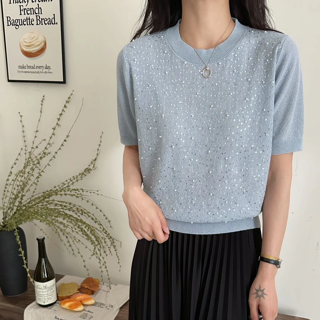 【例畔精选】夏季新款时尚百搭圆领亮片钉珠气质显瘦针织衫A148#