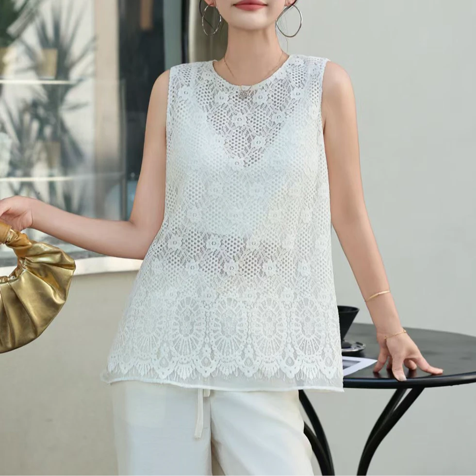 无印心匠A527 钩花夏季镂空刺绣显瘦百搭女装圆领无袖背心K931