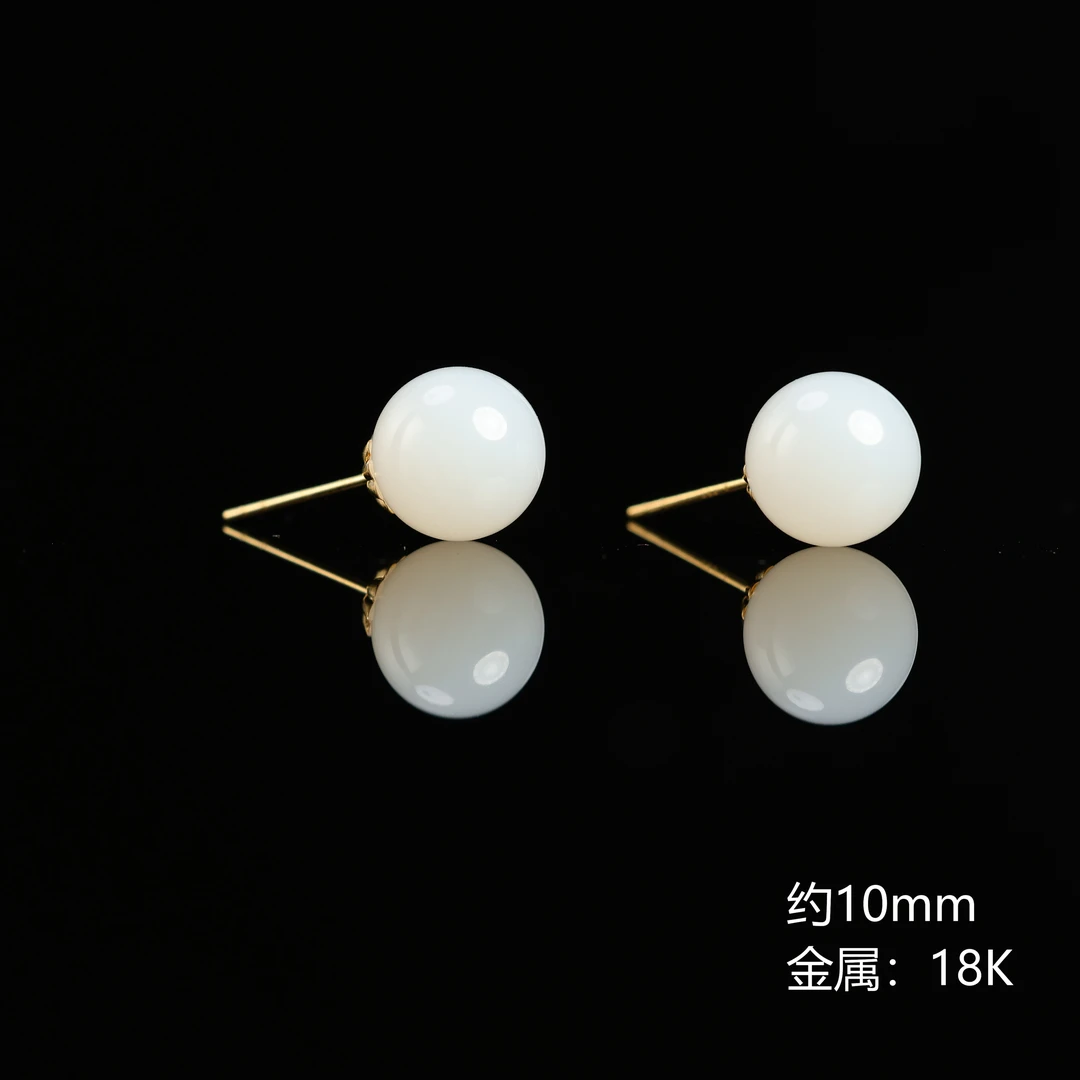 本真 |“编号7879”严选精品和田玉顶俄高白白玉10mm18K金耳饰