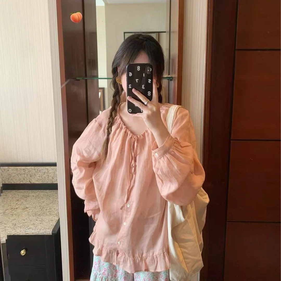 2025夏季新款蜜桃粉亚麻长袖防晒衬衫慵懒感木耳花边开衫