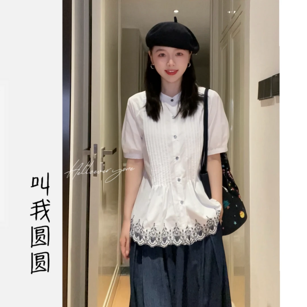 圆圆 【山水小镇】夏季显瘦时尚宽松气质藏青色刺绣衬衫 YY 10909