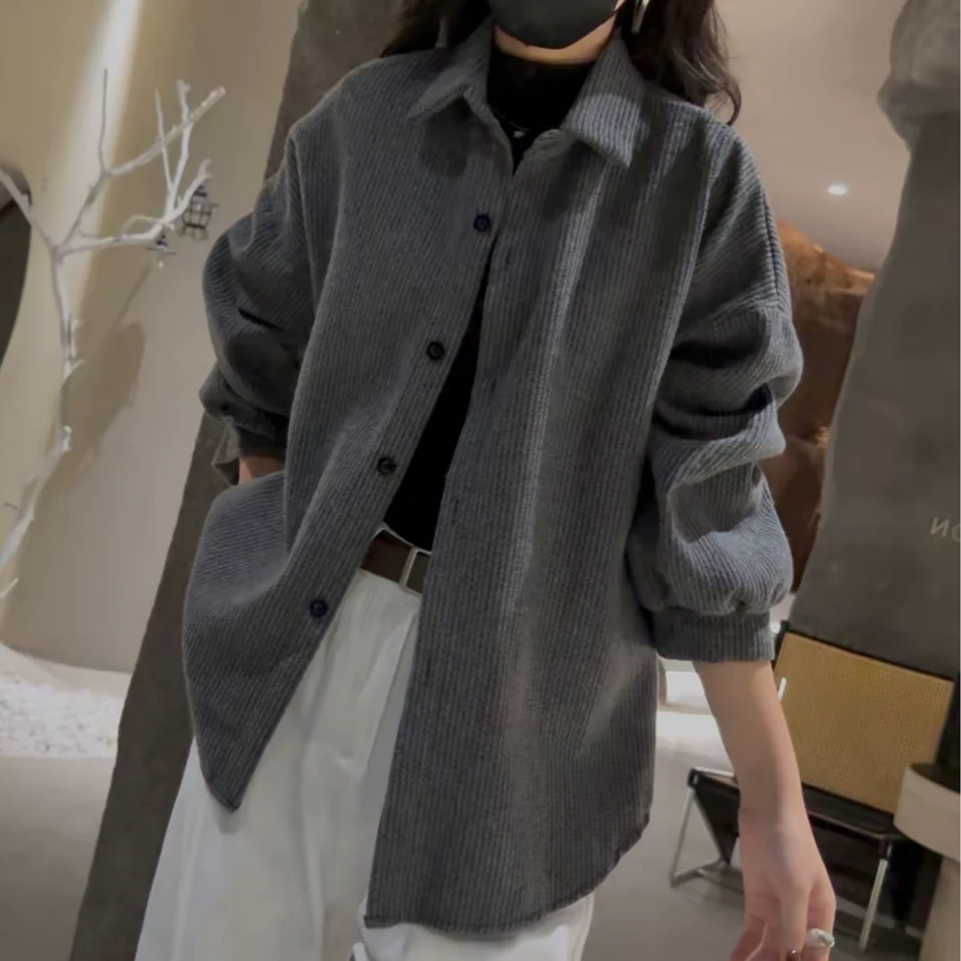 设计感小众秋季大码宽松港味慵懒长袖叠穿衬衣外套开衫