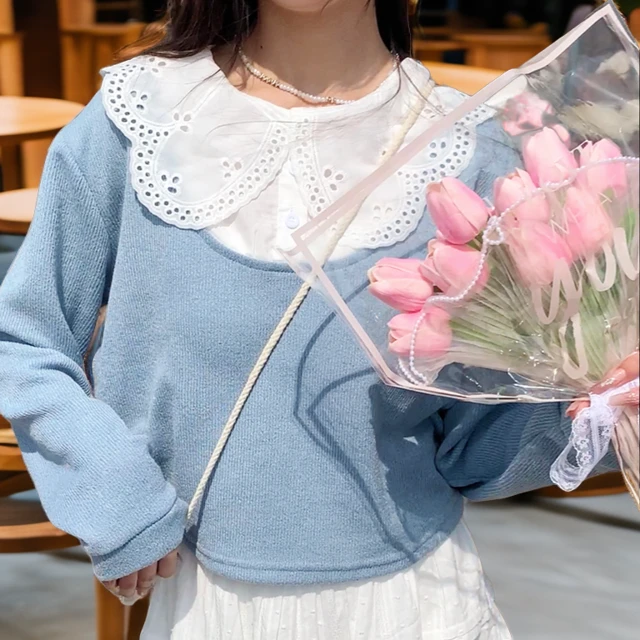 宽松设计感娃娃领假两件卫衣女春夏长袖短款上衣春夏蕾丝时尚百搭