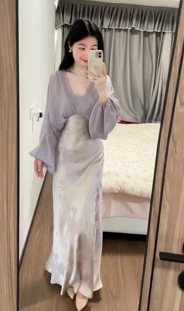 【女神】2025新款假两件提花缎面高腰斜裁连衣裙女小众时尚气质显瘦