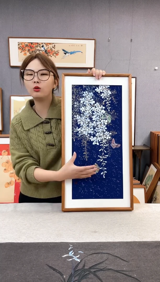 【闪购商品】国画闫冬雪-手绘带框作品-35*68-紫藤