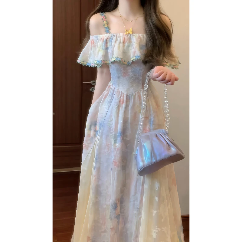 法式温柔绝美油画风一字肩方领两穿吊带连衣裙海边度假风长裙9676