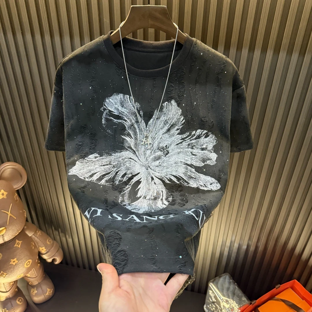 高品质设计感曼陀罗花朵男款亮闪破洞男上衣爆款轻奢半袖圆领潮流