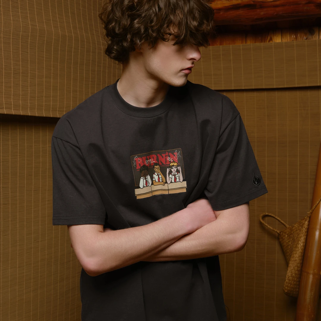 BURNIN*复古课堂印花刺绣纯棉宽松圆领休闲潮流校园夏季短袖T恤