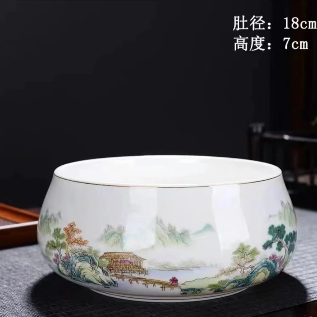 B092-山水茶洗茶渣缸手工家用陶瓷中式主人杯大号白瓷水墨