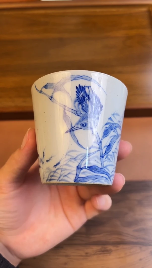问青坊纯手工手绘陶泥青花单翠柴窑可乐杯