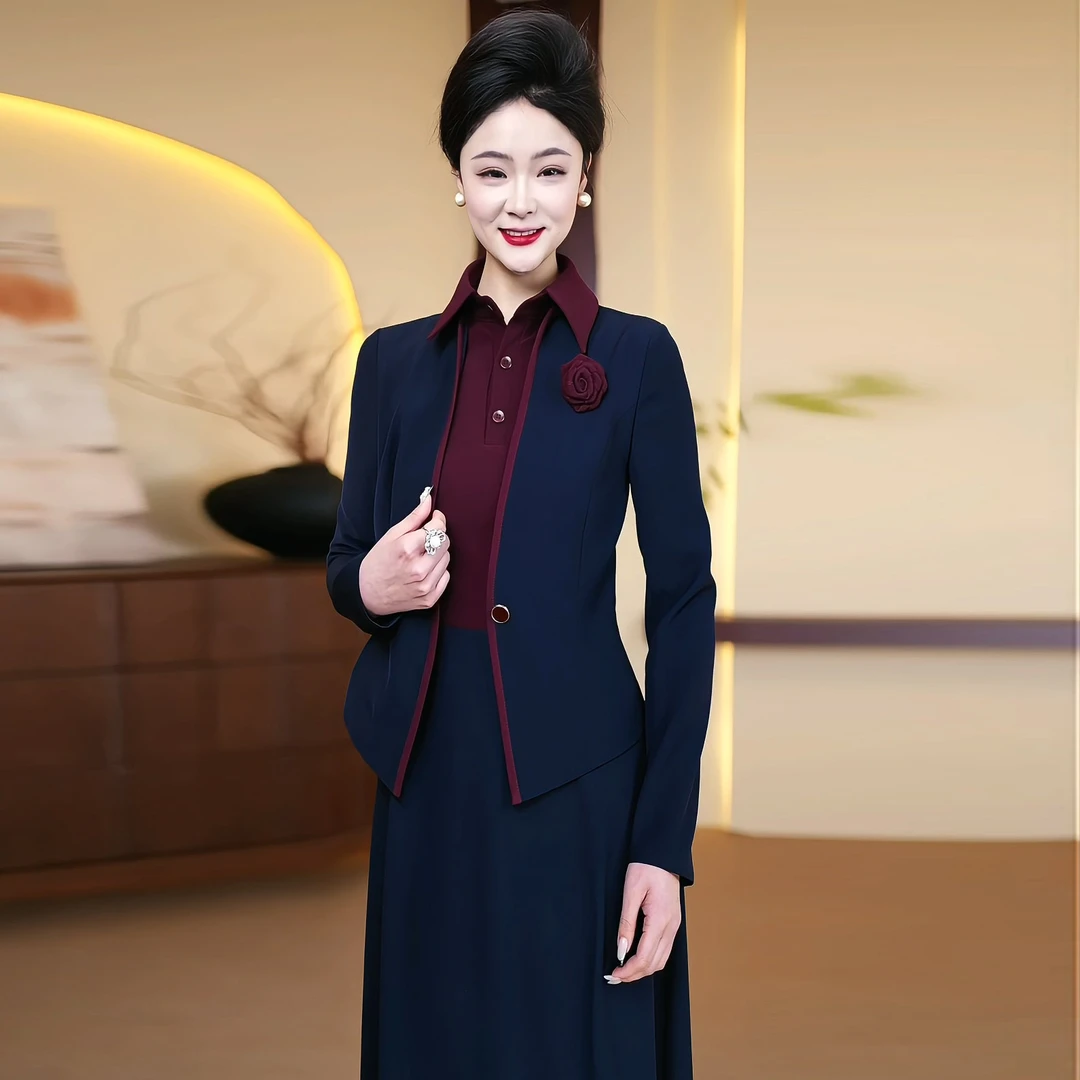 2025春季新款藏蓝色假两件连衣裙女轻奢显瘦气质重要场合长裙001