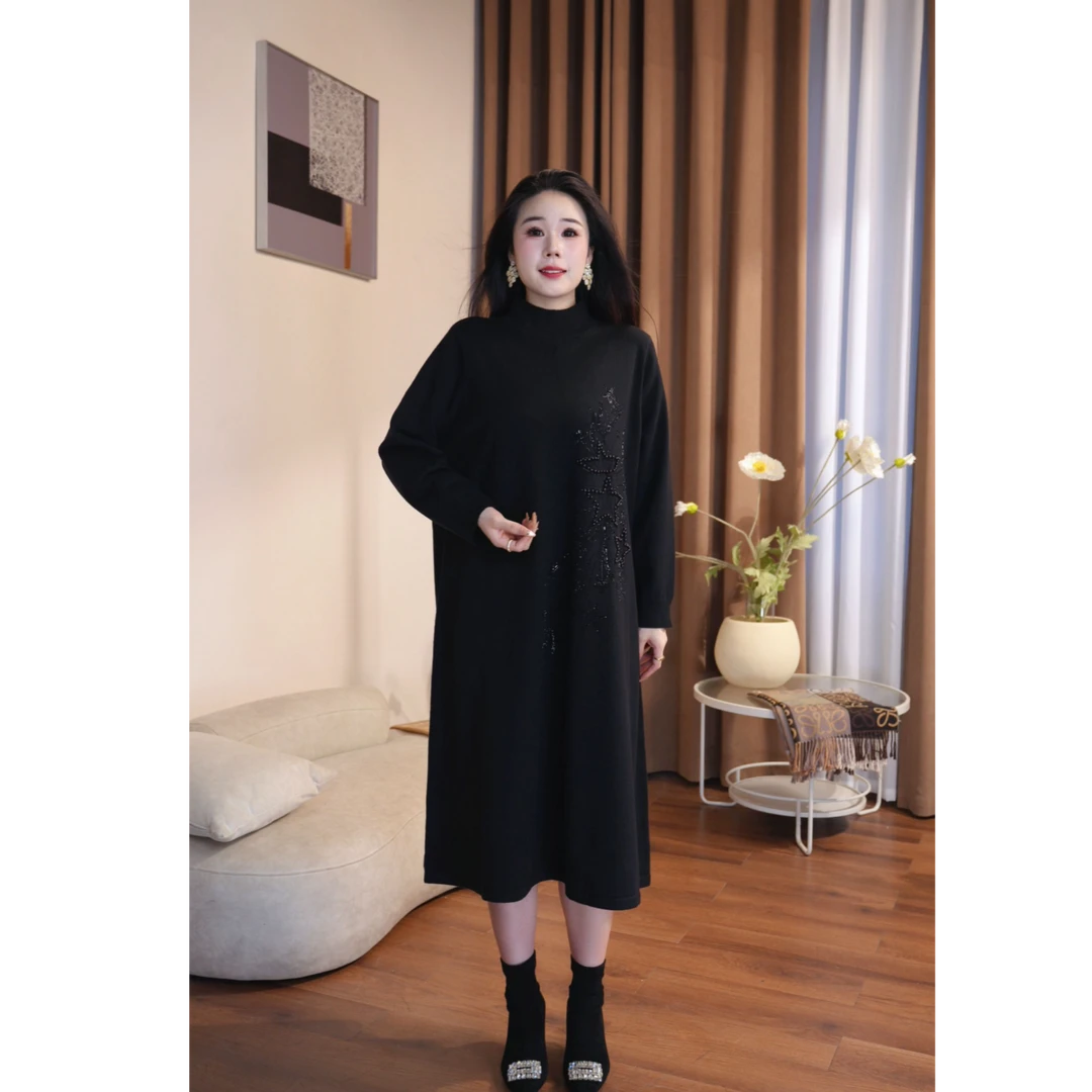 2501 手工钉珠小高领针织长裙减龄显年轻连衣裙